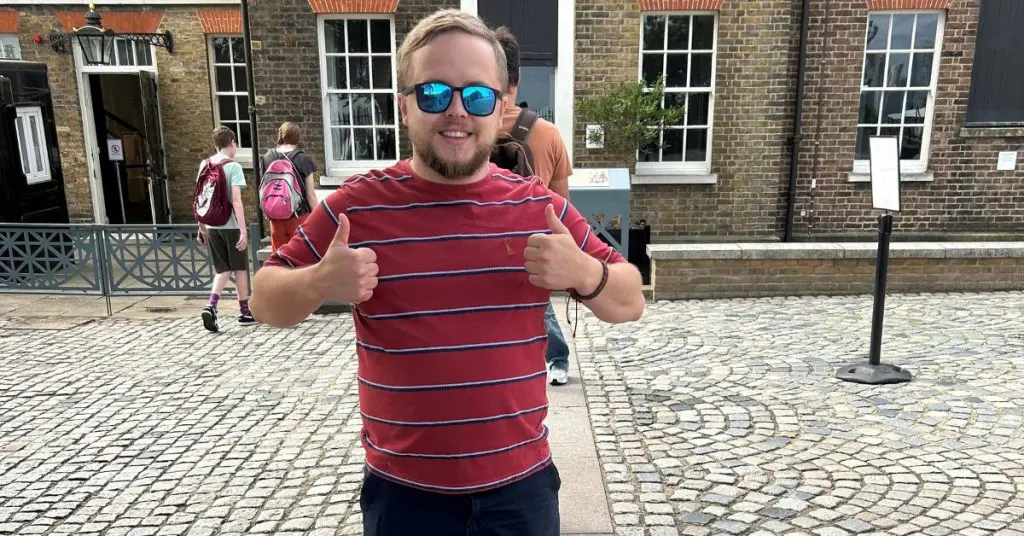 Skydiver Benedict giving thumbs up to the camera