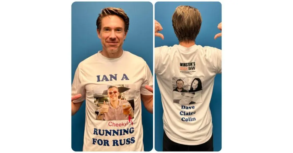 Ian Williams debuting his personalised t-shirt for the London Marathon in support of his friend Russell