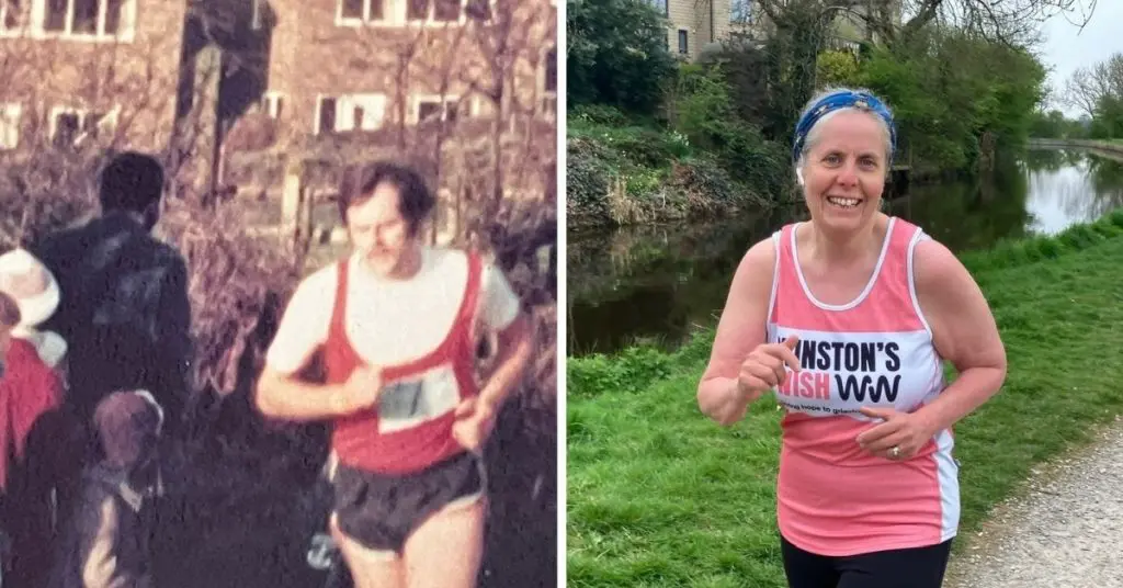 Old photo of Helen's dad running and photo of Helen in her Winston's Wish vest