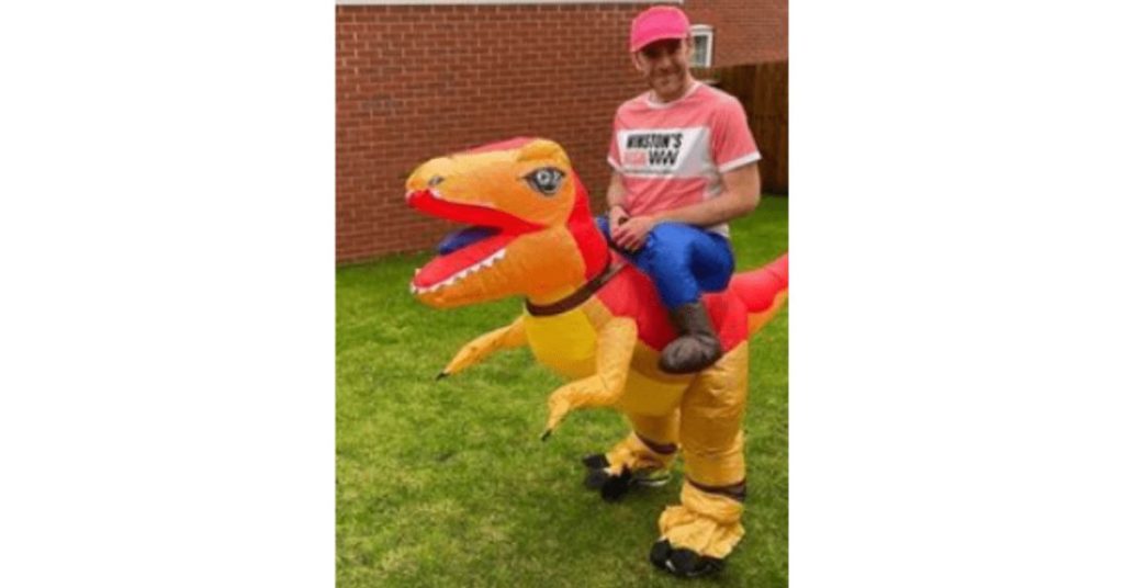 Russ in an inflatable dinosaur costume he wore at the Dragon Ride for Winston's Wish