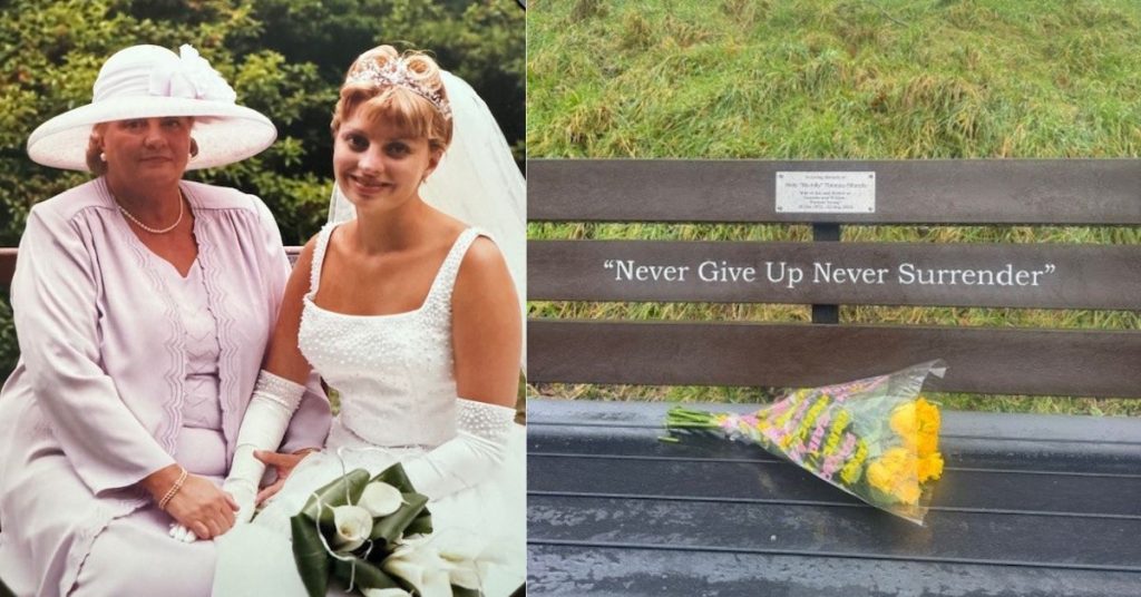 Gracie's Mam and Nan and the bench dedication to her Mam with quote 'Never Give Up, Never Surrender'