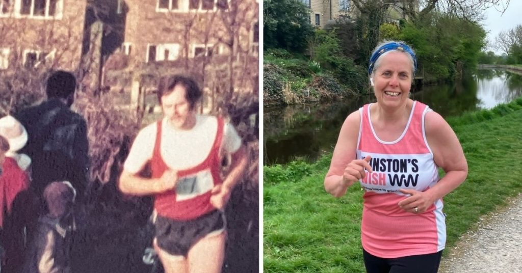 Old photo of Helen's dad running and photo of Helen in her Winston's Wish vest